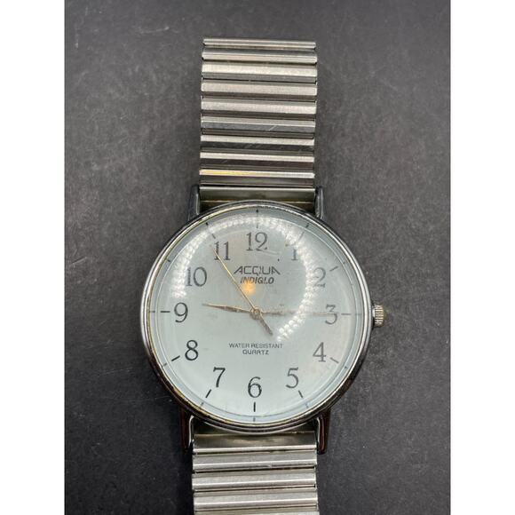 Vintage Acqua Indiglo Easy Reader Quartz Watch Silver Tone Stretch Band 34mm - Picture 1 of 10